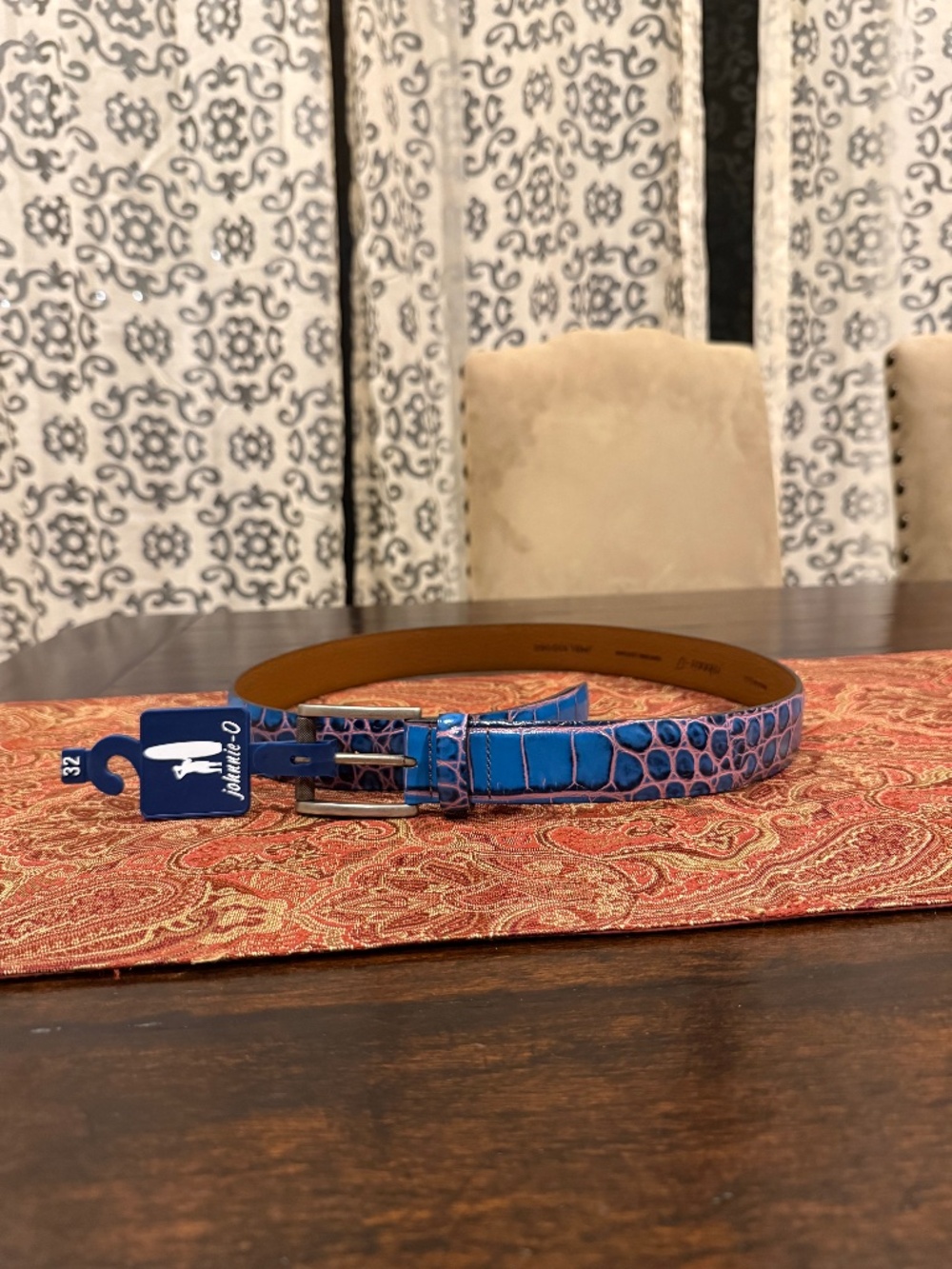 Johnnie-O Men's Size 32 Red/Navy Crocco Leather Belt MSRP $128